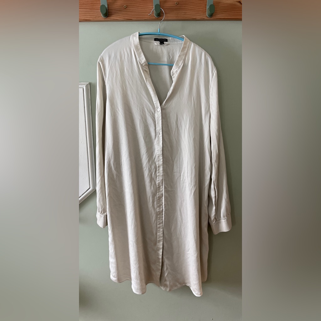 Eileen Fisher Washed 100% Silk Tussah Mandarin Collar Shirtdress Size L